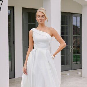 New One Shoulder White Wedding Tea Lenght Satin Gown w/ Side Pockets NX JE931W